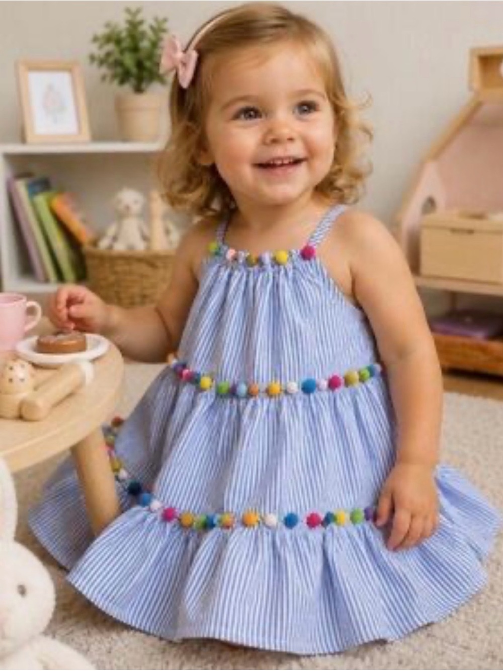 Tommy Bahama Boho Casual Pom Pom Toddler Dress Preppy Resortwear Sz 4T Picnic